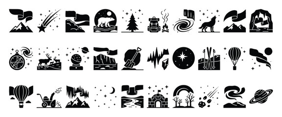 Obraz premium Set of Arctic winter icons. Nature, wilderness, outdoor adventure, exploration, celestial phenomena, wildlife symbols. Travel, cold climate glyph collection.