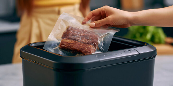 A hand placing a vacuum-sealed bag of meat into a sous vide machine for precise cooking. This method ensures tender and flavorful results, preserving the food's natural juices and nutrients.