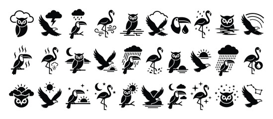 Fototapeta premium Bird and weather icons set. Owl, eagle, toucan, flamingo symbols, with sun, moon, rain, storm, wind, sky elements. Nature, climate, avian pictograms, web, app, UI.