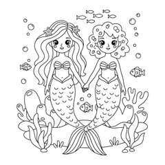  Mermaid adorable ocean sisters holding hands among colorful coral reefs in a delightful coloring page for children © Crafter