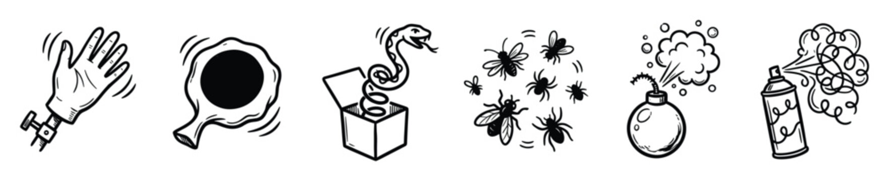Set of prank icons. Practical joke, novelty item, humor symbols. Doodle style line art for web, app, mobile UI, graphic design.