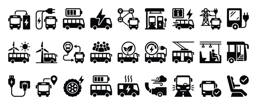 Set of electric bus icons. Public transport, ebus charging, sustainable mobility, green energy, urban transit, smart city, ecofriendly travel, battery, station, route, passengers, accessibility.