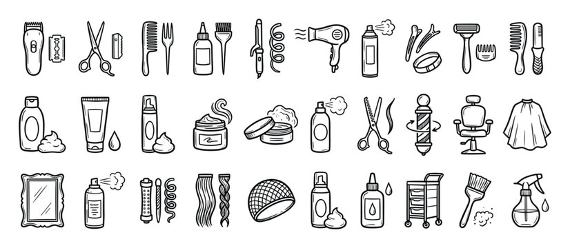 Set of hair salon tools icons. Barbershop equipment, hairdressing supplies, grooming accessories. Professional styling, beauty service symbols.