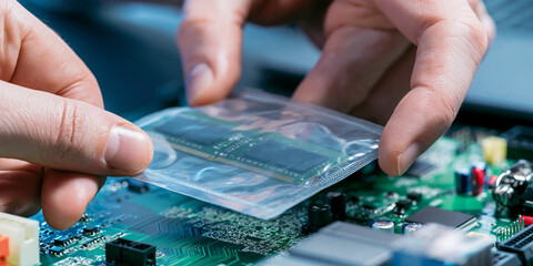 Obraz premium Hands carefully inserting a RAM module into a computer motherboard. Close-up of the components and a circuit board