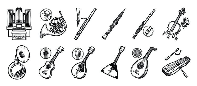 Collection of handdrawn musical instruments. Orchestra, band, symphony, string, woodwind, brass, acoustic symbols. Classic music equipment, education, entertainment elements.