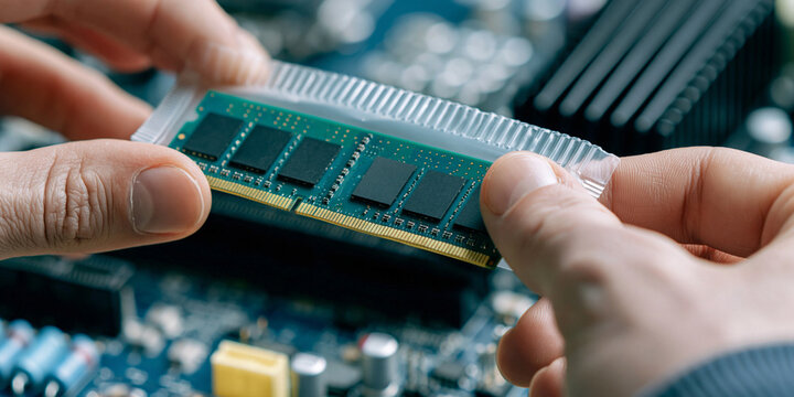 Installing a computer RAM module. The hands carefully hold the green circuit board with black chips, about to insert it into the motherboard slot.
