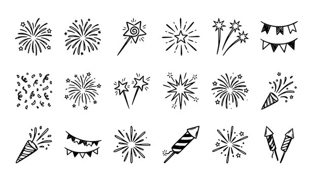 Hand drawn firework collection for celebratory designs and festive occasions