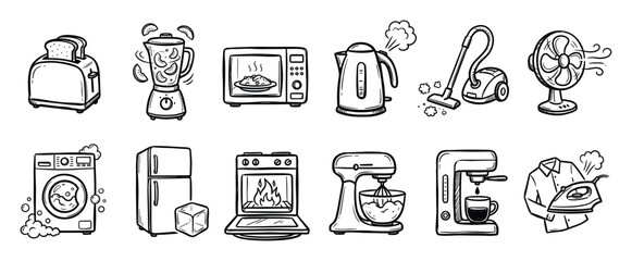Fototapeta premium Set of household appliance icons. Kitchen gadgets, home electronics, domestic tools, cooking, cleaning, laundry, and food preparation graphic elements.