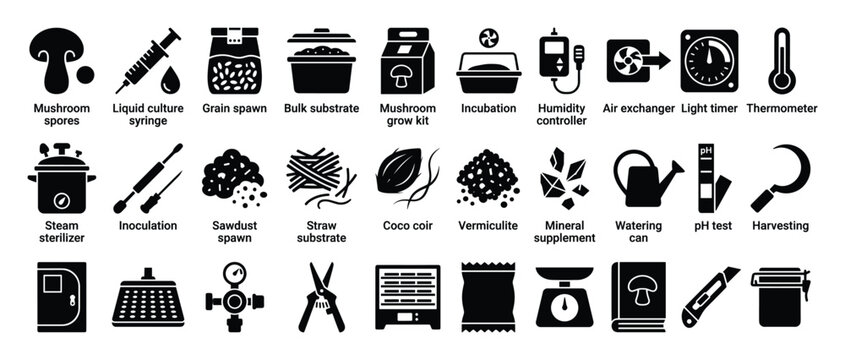Set of mushroom cultivation icons. Mycology tools, farming equipment, growing materials, fungiculture process symbols. Flat glyph pictograms.