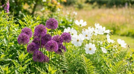 Obraz premium Vibrant Purple Allium and White Cosmos Flowers Blooming in a Sunny Garden.
