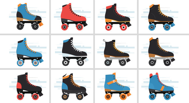 Selection of various retro and modern quad roller skates in different colors and designs displayed in neat grid for sports retail.