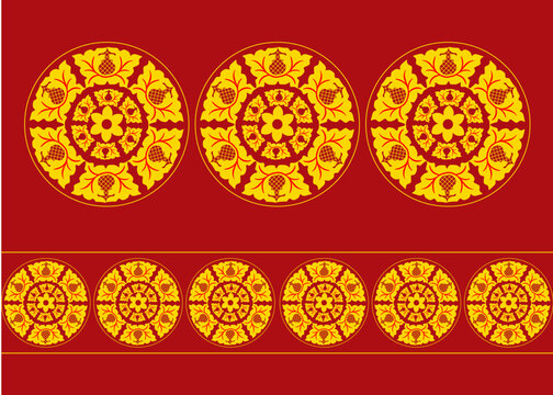 traditional Sri Lankan art motifs, utilizing a rich red background with intricate golden floral and geometric patterns, embellished with complex cultural and floral decorations.