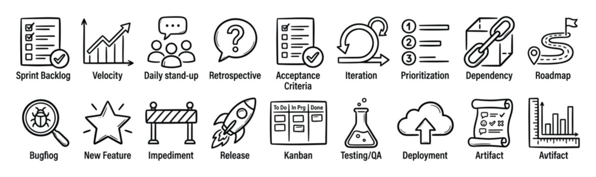 Set of Agile icons. Scrum, project management, software development, product process. Hand drawn outline symbols, business workflow concept.