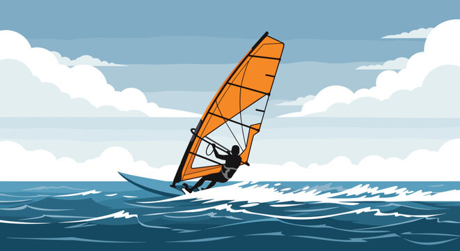 Professional windsurfer glides across ocean waves under a bright sky with large white clouds in this high action outdoor sports image.