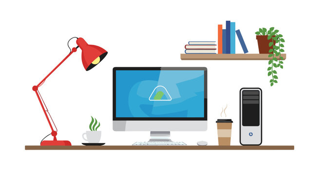Modern home office workspace setup includes a desktop computer monitor, red desk lamp, steaming coffee cup, green plants, and books.