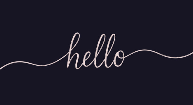 Hello word is written in elegant cursive script using a continuous glowing line against a dark navy blue background for a clean look.