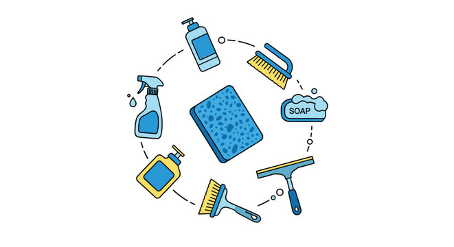 Household cleaning supplies including spray bottles, sponge, soap, brushes, and squeegee are arranged in a circular frame on white.