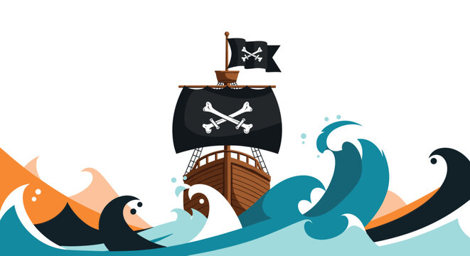 Classic pirate ship sailing through turbulent ocean waves with black sails and flags featuring the iconic skull and crossbones.