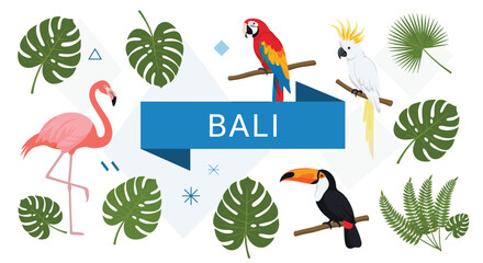 Obraz premium Tropical bali vacation illustration showcases exotic birds like a flamingo, parrot, and toucan among lush green monstera and fern leaves.