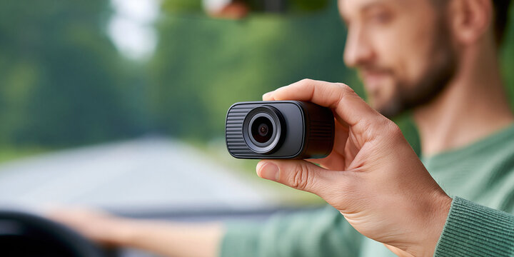 A man's hand holding a small black dashcam inside a car, with the road visible through the windshield in the background. The man is out of focus, emphasizing the device.
