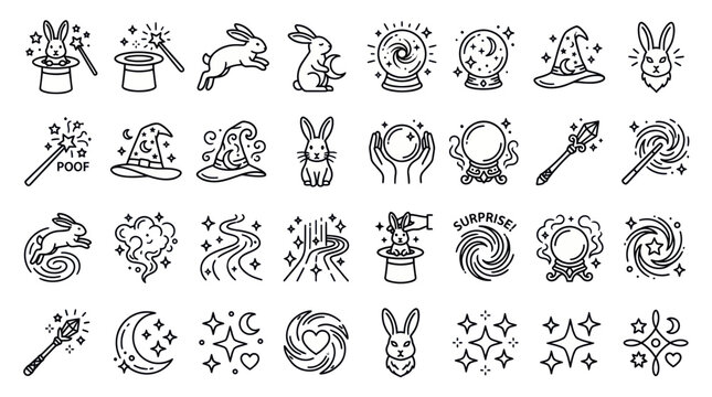 Magic Icons Set: Rabbits, Hats, Wands, Crystal Balls, Stars, Swirls