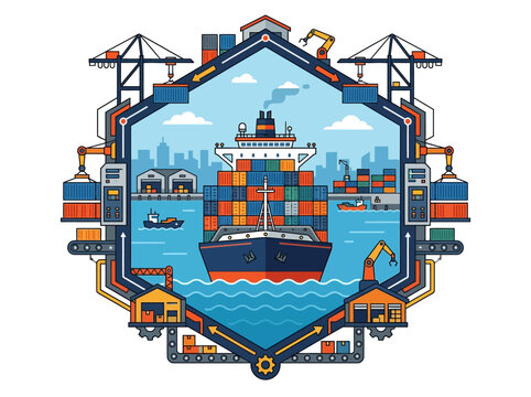 A cargo ship sails through a hexagonal framework of industrial port infrastructure.