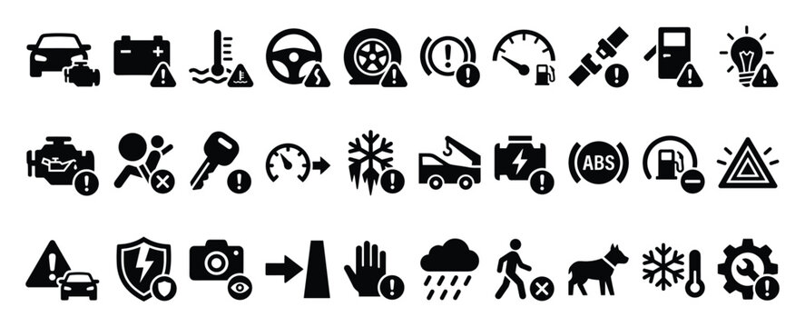 Set of car warning lights icons. Automotive dashboard alerts, vehicle safety indicators, driver information symbols. Engine, battery, brake, tire, oil, fuel, airbag, ABS, check engine light.