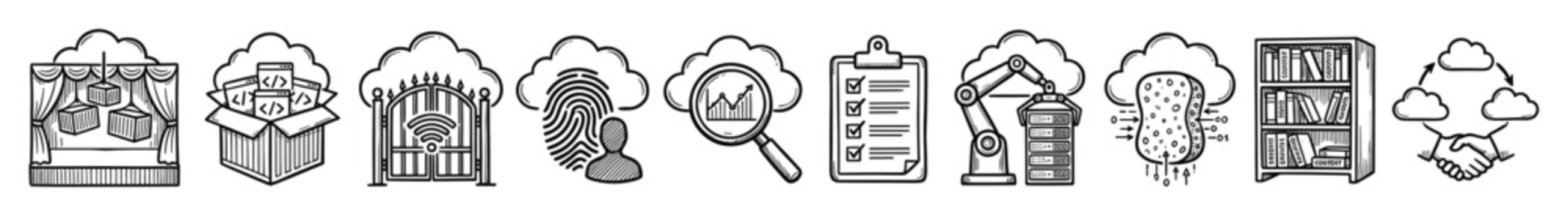Cloud computing icons set. Data security, access, analytics, development, storage, automation, and collaboration symbols. Hand drawn outline pictograms for business and web apps.