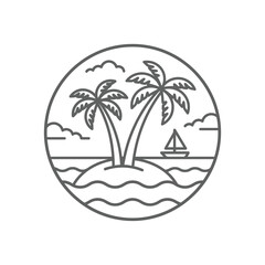 Obraz premium Circular tropical island landscape with sailboat and palm trees.