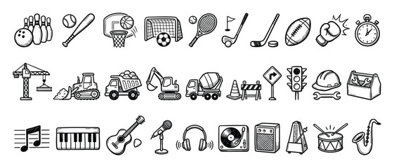 Obraz premium Set of sports, construction, and music icons. Doodle line art collection of hobbies, work, and entertainment symbols, tools, and instruments.