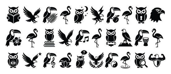 Obraz premium Set of bird icons. Owls, eagles, toucans, flamingos. Wisdom, strength, tropical, elegance symbols. Glyph, pictogram, silhouette collection.