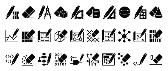 Naklejka premium Set of engineering and design icons. Drawing, drafting, mathematics, architecture, programming, education tools symbols. Geometric shapes, blueprints, code, and circuit concepts.