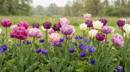 Fototapeta premium Vibrant Tulip Field - A Colorful Display of Spring Blooms in Natures Embrace.