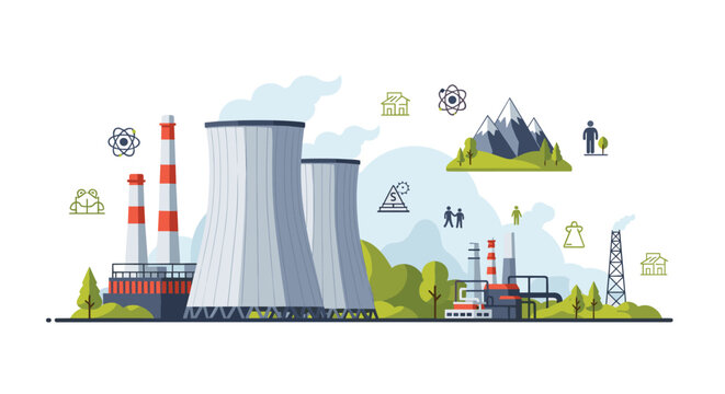 Industrial landscape featuring a nuclear power plant with large cooling towers and smokestacks set among green hills and mountains.
