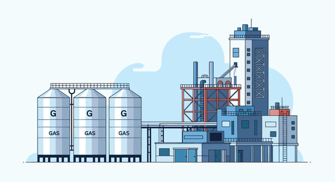 Large industrial gas refinery complex with storage tanks, towers, and pipes for energy production and natural gas industry themes.