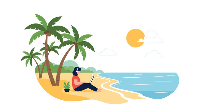 Digital nomad woman working on a laptop while sitting on a sandy tropical beach under palm trees during a sunny day.