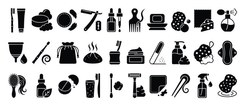 Personal care and hygiene icon set. Selfcare, daily routine, bathroom, beauty, wellness, ecofriendly lifestyle symbols. Flat solid glyph vector collection.