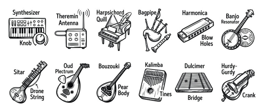 Set of musical instrument icons. Handdrawn world, folk, electronic, string, wind, percussion, keyboard instruments, vintage sound devices, sketch art collection.