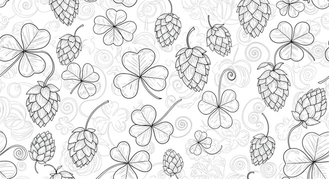Seamless background pattern featuring hand drawn sketches of green clover leaves and hop cones for brewery design.