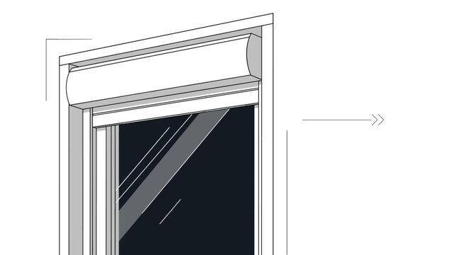 Technical architectural drawing of a window frame with an integrated roller shutter system showing structural details and design.