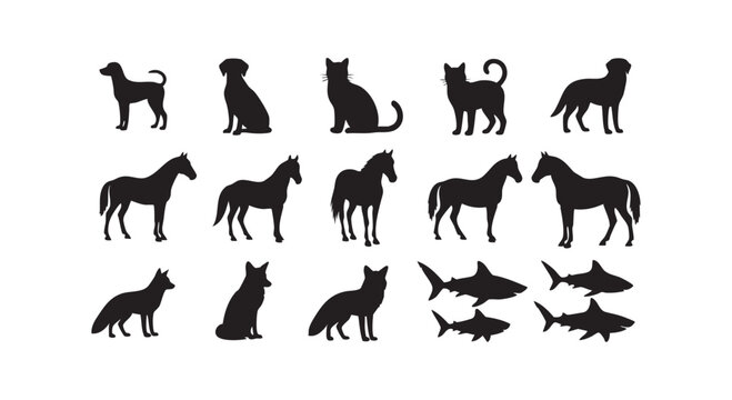 Set of black silhouettes of different wild and domestic animals including horses dogs and sharks in isolated style.