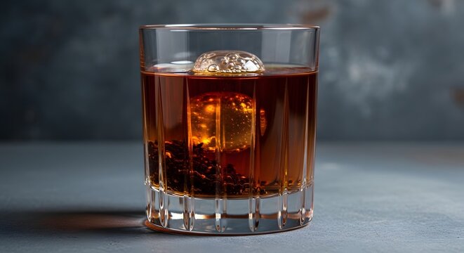 Glass of whiskey with a large spherical ice cube on a dark rustic surface.