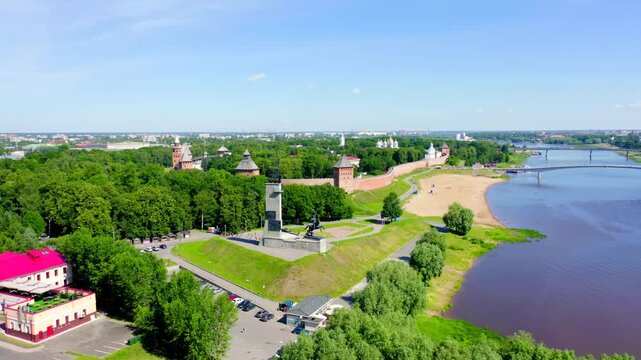 Veliky Novgorod, Russia. Victory Monument. Novgorod Kremlin (Detinets), Volkhov River. Drone footage, Point of interest