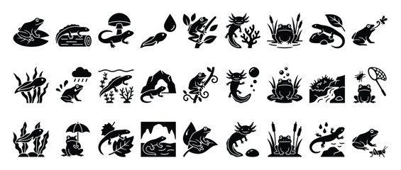 Obraz premium Set of amphibian icons. Frogs, newts, salamanders, axolotls, tadpoles symbols. Wildlife, nature, pond, swamp, ecosystem glyphs. Biology, ecology, environment pictogram set.