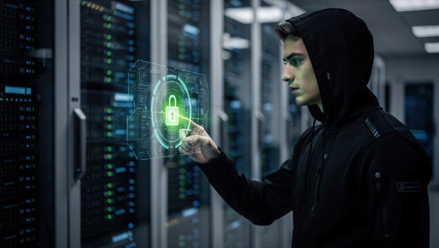 Man wearing black hoodie touch the lock hologram interface in data center for cybersecurity risk & privacy leak hacking and privacy threat