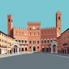 Obraz premium Flat vector illustration of Palazzo Pubblico and Piazza del Campo in Siena, Italy, featuring the iconic Torre del Mangia, clock tower, and medieval brick architecture in Tuscany.