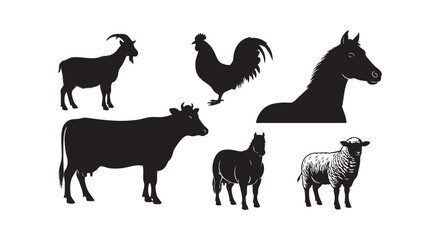 Fototapeta premium Set of black silhouettes of various farm animals including goat, rooster, horse, cow, pony, and sheep.