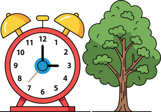 Vintage Red Alarm Clock with Green Tree Illustration for Time Management, Nature, and Environmental Concepts in Flat Design