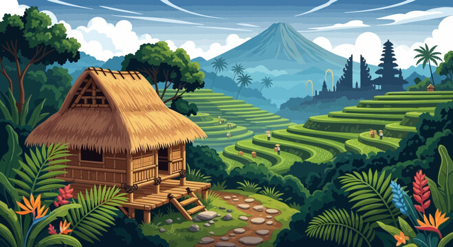 Serene rice terraces and traditional hut nestled against a majestic mountain backdrop