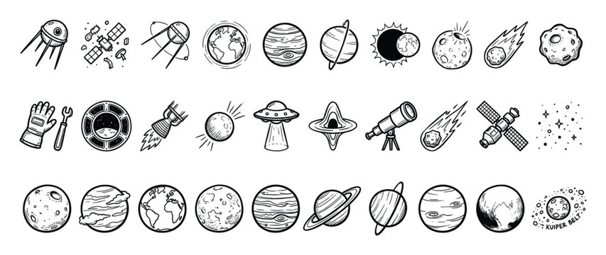 Space icons set. Hand drawn astronomy pictograms, exploration symbols, planets, satellites, rockets, celestial bodies. Black hole, UFO, telescope signs. Doodle sketch line art for web, app, mobile.
